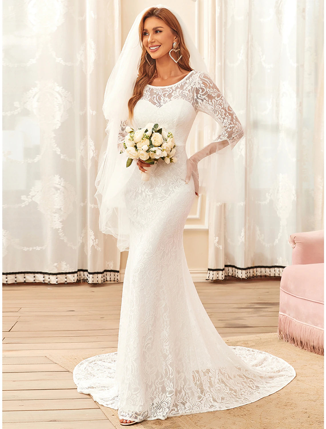 Reception Boho Wedding Dresses Mermaid / Trumpet Illusion Neck Long Sleeve Sweep / Brush Train Lace Bridal Gowns With Lace