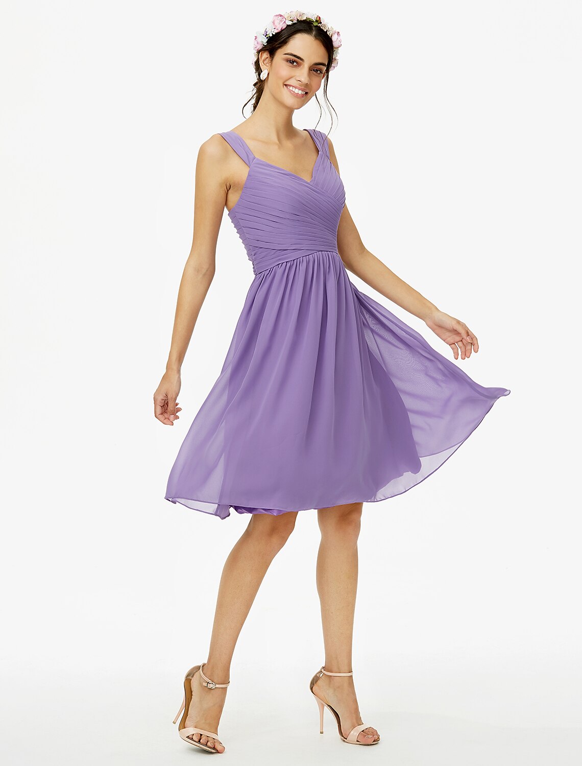 A-Line Bridesmaid Dress Straps Sleeveless Open Back Knee Length Chiffon with Sash / Ribbon / Bow(s) / Criss Cross