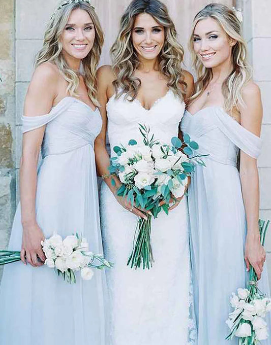 Light Blue Off The Shoulder Long Chiffon Bridesmaid Dress