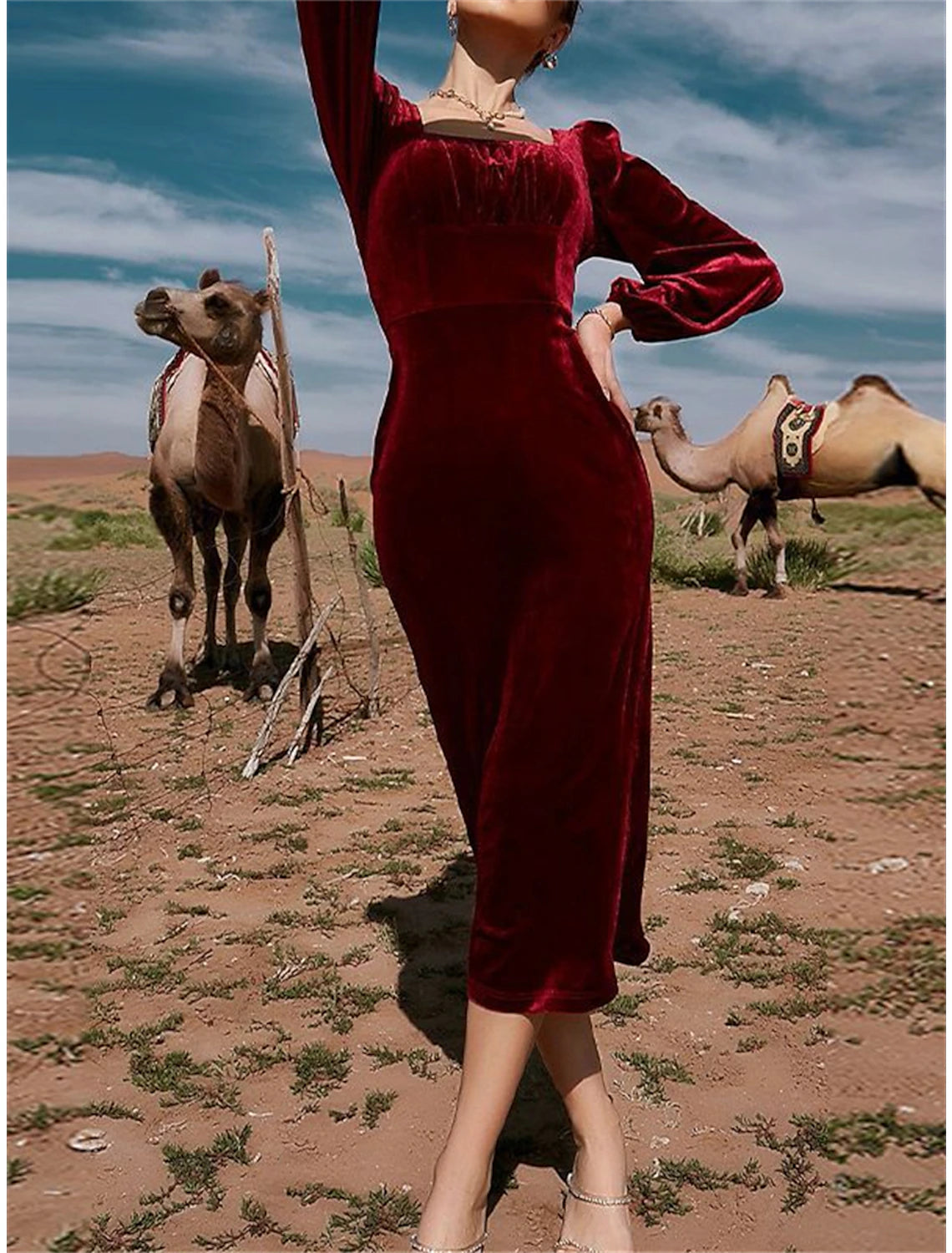 Women's Velvet Dress Party Dress Cocktail Dress Midi Dress Wine Long Sleeve Pure Color Split Spring Fall Winter Square Neck Fashion Winter Dress Christmas Wedding Guest