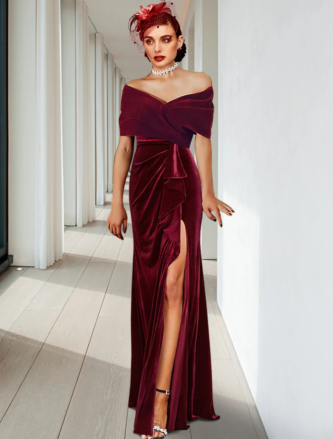 Sheath / Column Evening Gown Elegant Dress Wedding Guest Cocktail Party Floor Length Sleeveless V Neck Velvet with Pleats Ruffles