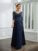 A-Line/Princess Chiffon Applique V-neck 3/4 Sleeves Floor-Length Mother of the Bride Dresses