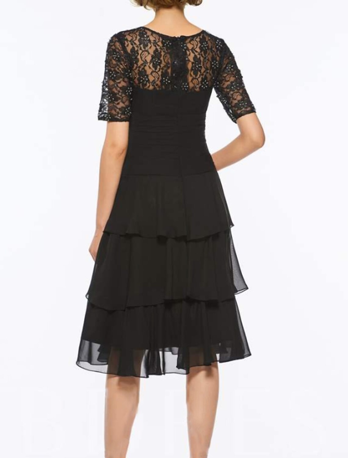 A-Line Mother of the Bride Dress Elegant Jewel Neck Knee Length Chiffon Lace Short Sleeve with Embroidery Cascading Ruffles