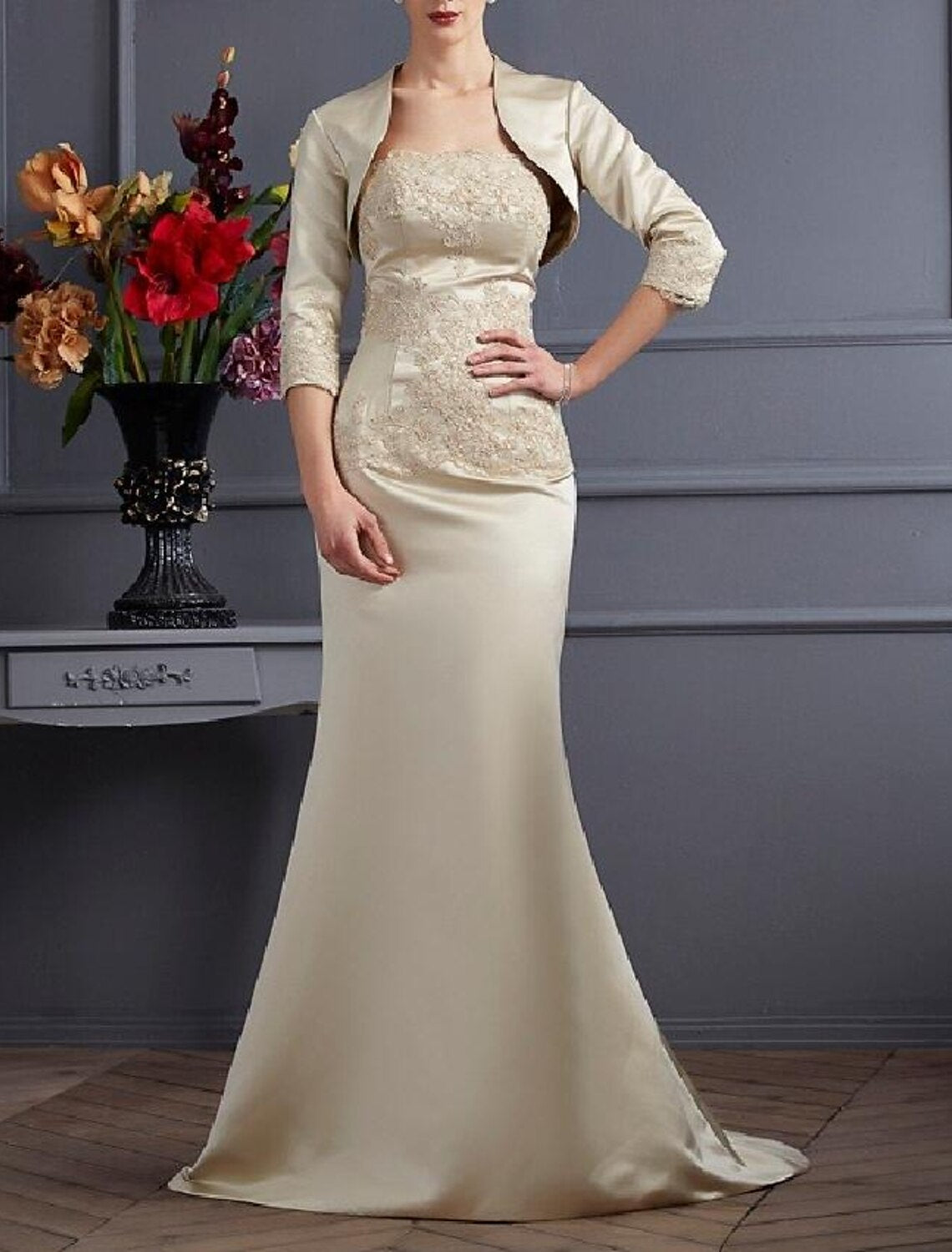 Two Piece Mermaid / Trumpet Mother of the Bride Dress Wrap Included Strapless Sweep / Brush Train Satin 3/4 Length Sleeve with Lace