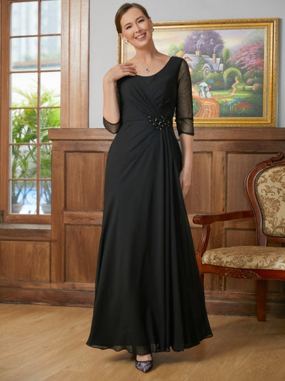 A-Line/Princess Chiffon Ruched Scoop 3/4 Sleeves Floor-Length Mother of the Bride Dresses