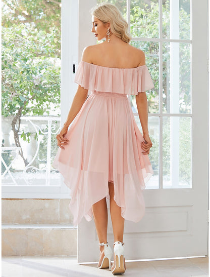 Women's Party Dress Homecoming Dress Wedding Guest Dress Midi Dress Pink Short Sleeve Pure Color Ruched Summer Spring Fall Off Shoulder Party Wedding Guest Birthday Vacatio