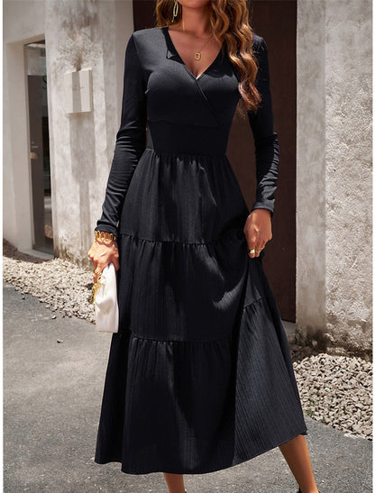 Women's Black Dress Party Dress Cocktail Dress Midi Dress Black Wine Green Long Sleeve Plain Ruched Summer Spring Fall V Neck Party Winter Dress Wedding Guest Vacation