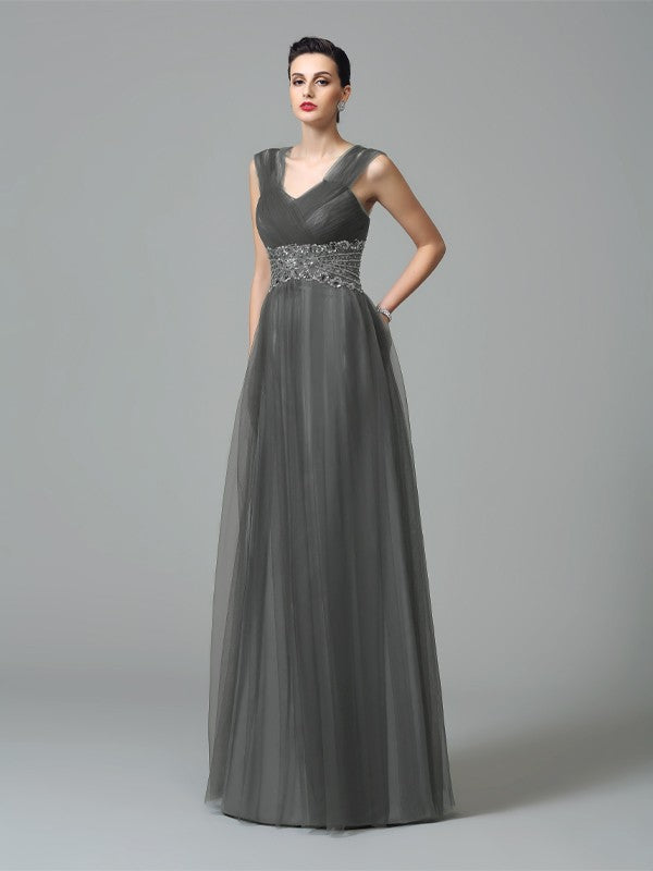 A-Line/Princess Straps Beading Sleeveless Long Net Mother of the Bride Dresses