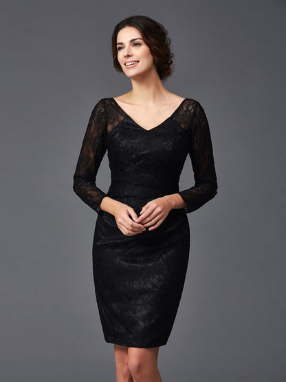 Sheath/Column V-neck Lace Long Sleeves Short Elastic Woven Satin Mother of the Bride Dresses