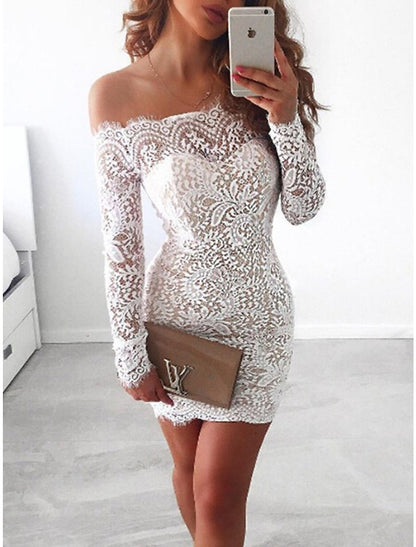 Sheath / Column Homecoming Dresses Little White Dresses Dress Holiday Graduation Short / Mini Long Sleeve Off Shoulder Lace with Appliques