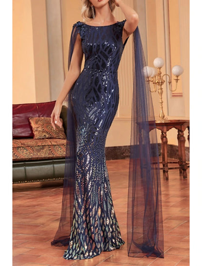 Mermaid / Trumpet Mother of the Bride Dress Wedding Guest Party Sparkle & Shine Bateau Neck Floor Length Tulle Sequined Sleeveless with Sequin Draping