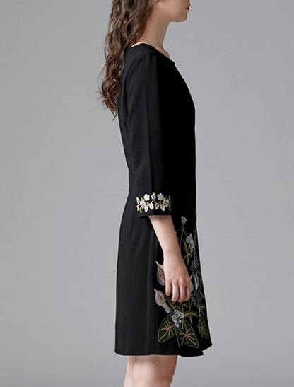 Sheath / Column Mother of the Bride Dress Elegant Jewel Neck Short / Mini Cotton Blend 3/4 Length Sleeve with Embroidery