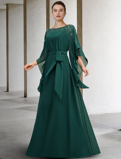 A-Line Mother of the Bride Dress Luxurious Elegant Jewel Neck Floor Length Chiffon Half Sleeve with Sash / Ribbon Beading