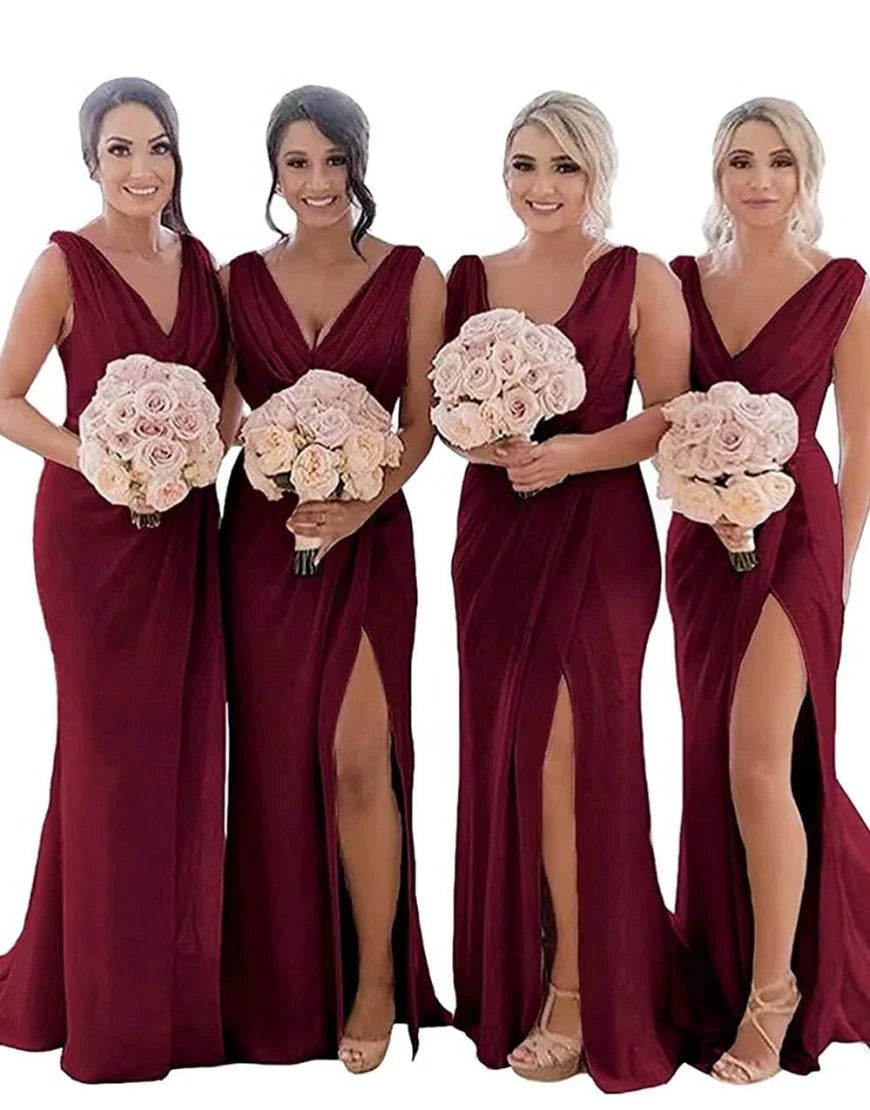 Sheath-Column V-Neck Bridesmaid Dress With Split