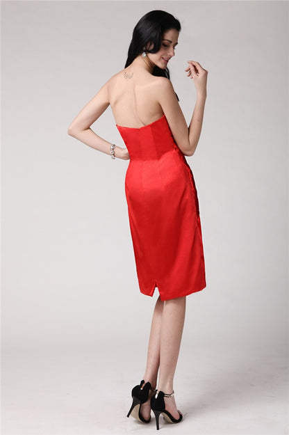 Sheath/Column Strapless Sleeveless Pleats Short Elastic Woven Satin Cocktail Dresses