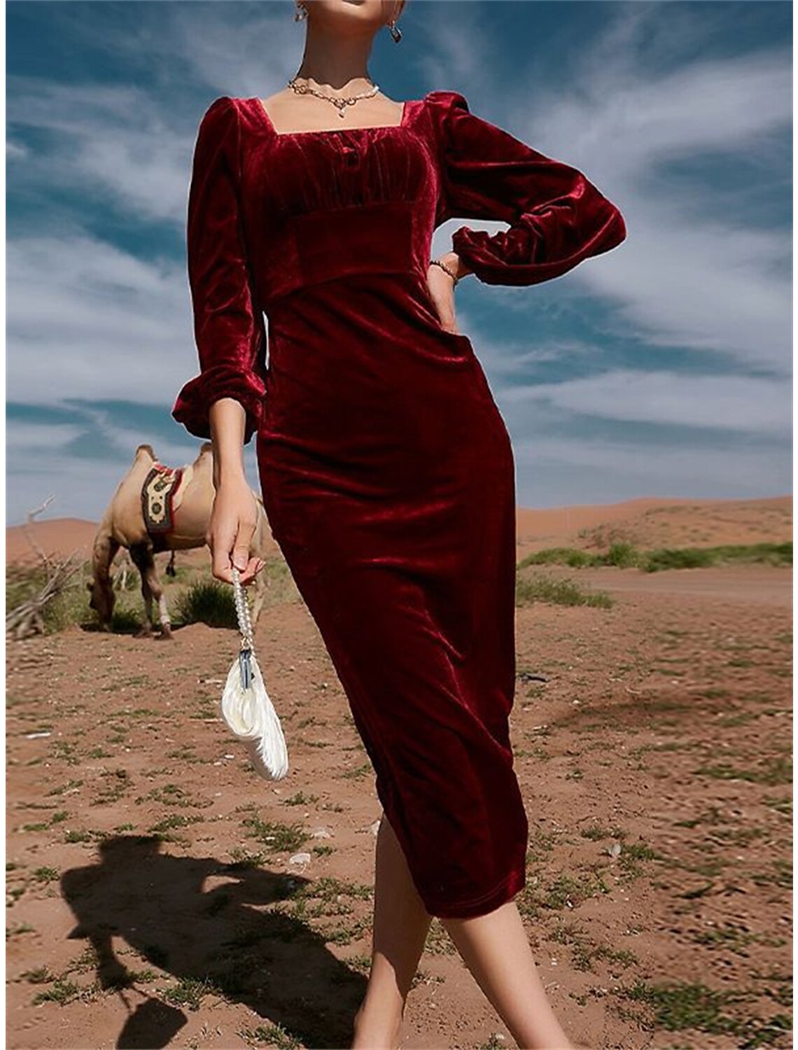 Women's Velvet Dress Party Dress Cocktail Dress Midi Dress Wine Long Sleeve Pure Color Split Spring Fall Winter Square Neck Fashion Winter Dress Christmas Wedding Guest