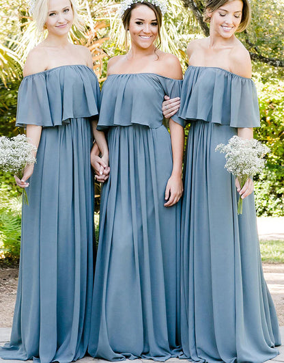 A-Line Off The Shoulder Ruffle Sleeves Chiffon Bridesmaid Dress