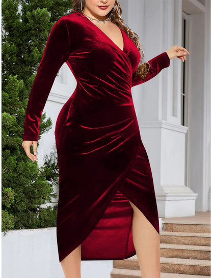 Women's Plus Size Red Chirstmas Dress Party Dress Velvet Dress Cocktail Dress Midi Dress Black Wine Dark Green Long Sleeve Pure Color Ruched Spring Fall Winter V Neck Winter Dress Wedding Guest