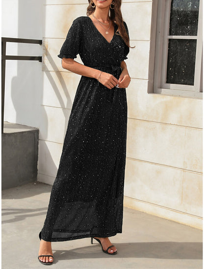 Women's Party Dress Cocktail Dress Wedding Guest Dress Long Dress Maxi Dress Black Champagne Red Short Sleeve Plain Drawstring Summer Spring Fall V Neck Party Winter Dress Wedding Guest Vacation