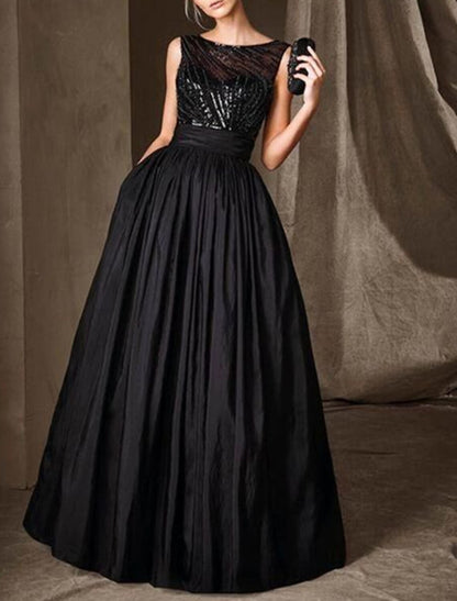 A-Line Mother of the Bride Dress Wedding Guest Elegant Sparkle & Shine Jewel Neck Floor Length Taffeta Sequined Sleeveless with Pleats