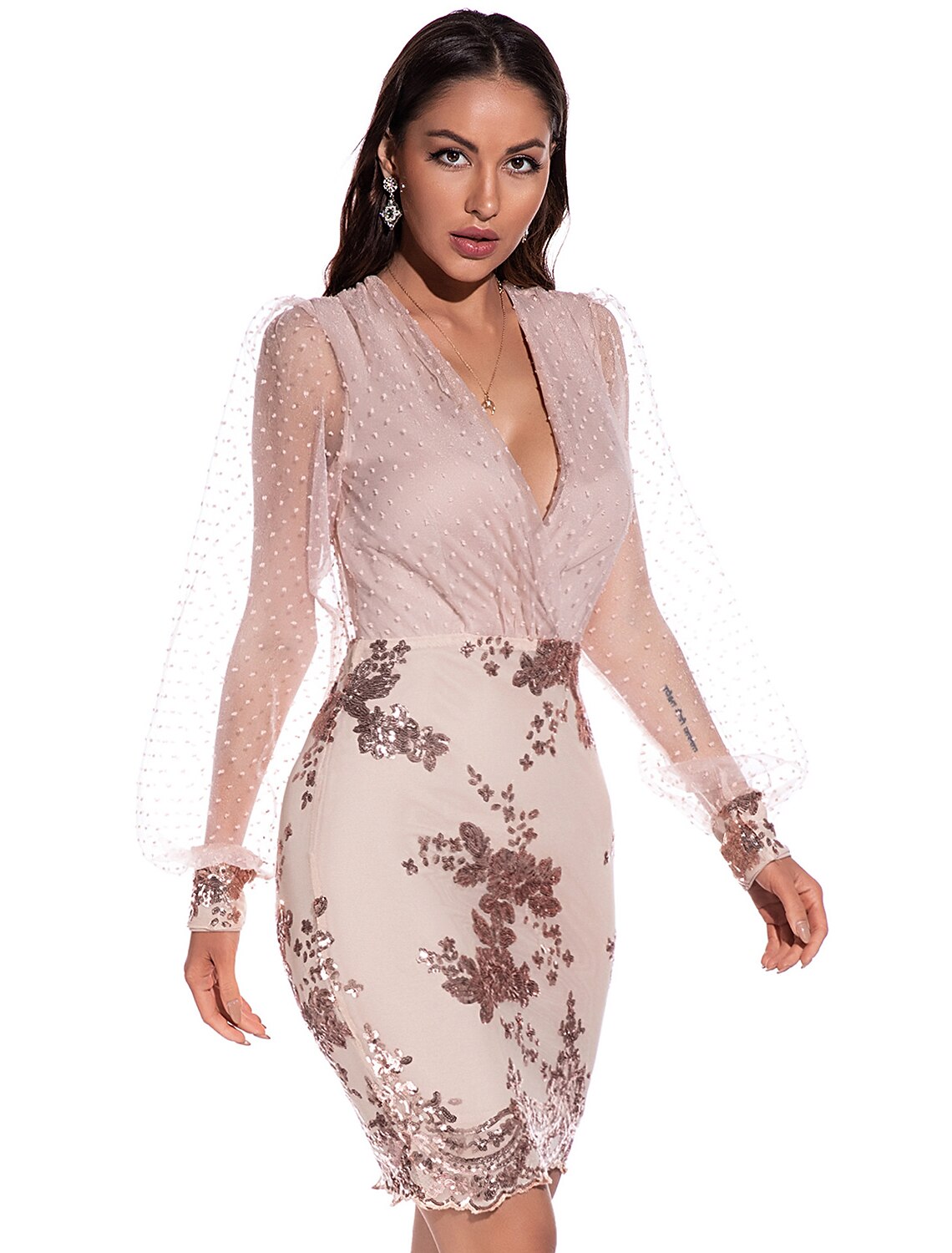 Sheath / Column Sexy bodycon Holiday Party Wear Dress V Neck Long Sleeve Short / Mini Spandex with Sequin Polka Dot / Illusion Sleeve