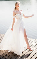 Buyishang A-Line Lace White Lace-Up Off-the-Shoulder Wedding Dress with Slit