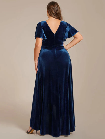 Double V-Neck Sleeves Stretchy Velvet Evening Dress with Lotus Leaf Hem