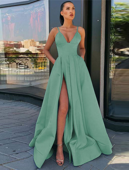 A-Line Black Dress Prom Dress High Split Evening Dress Formal Birthday Summer Dress Spaghetti Strap Sleeveless Sweep / Brush Train Satin with Pleats Split Front