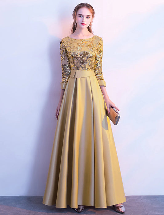 A-Line Bridesmaid Dress Jewel Neck Long Sleeve Beautiful Back Floor Length Satin / Tulle / Sequined with Sash / Ribbon / Pleats