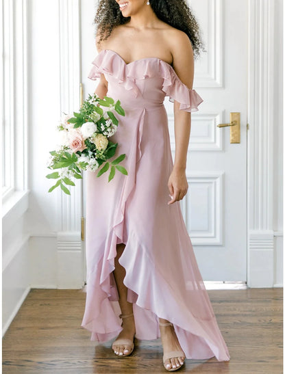 A-Line Bridesmaid Dress Off Shoulder Short Sleeve Elegant Asymmetrical Chiffon with Ruffles / Split Front / Ruching