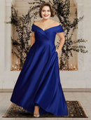 A-Line Mother of the Bride Dress Plus Size Elegant V Neck Sweep / Brush Train Satin Short Sleeve with Pleats