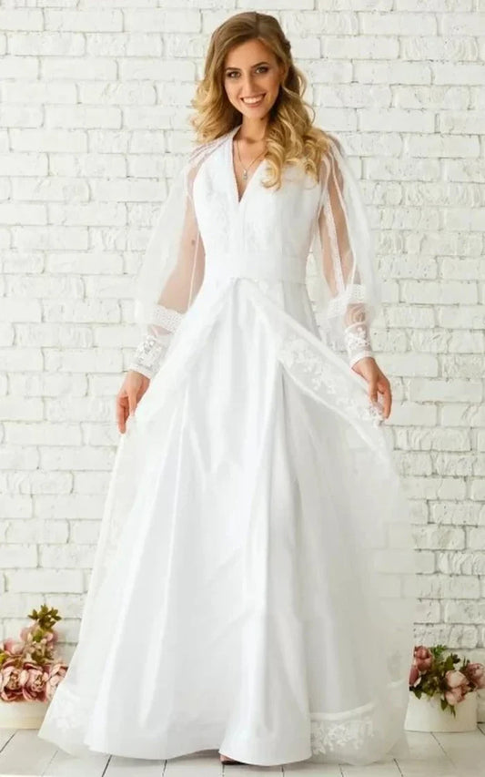 Buyishang Elegant Floor-length Long Sleeve Chiffon A Line Zipper Wedding Dress with Ruching