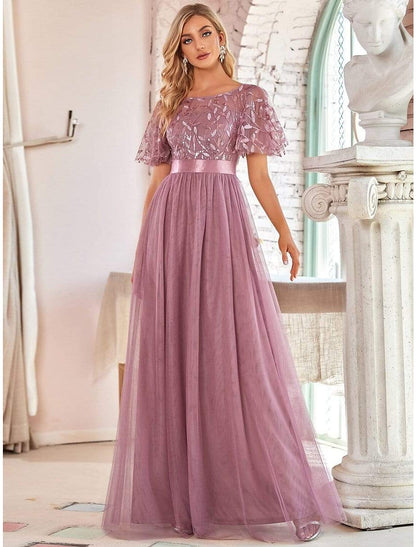 A-Line Empire Elegant Party Wear Prom Dress Jewel Neck Short Sleeve Floor Length Tulle with Embroidery / Illusion Sleeve