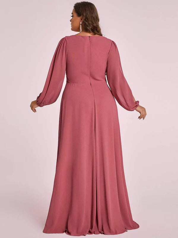 Stylish Plus Size Chiffon Formal Evening Dresses with Long Lantern Sleeves