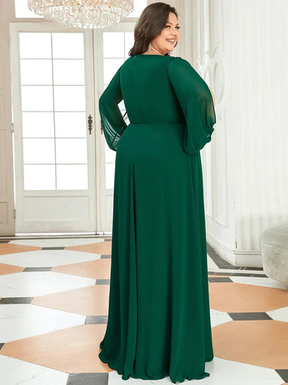 Stylish Plus Size Chiffon Formal Evening Dresses with Long Lantern Sleeves