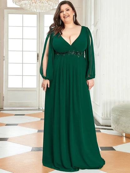 Stylish Plus Size Chiffon Formal Evening Dresses with Long Lantern Sleeves