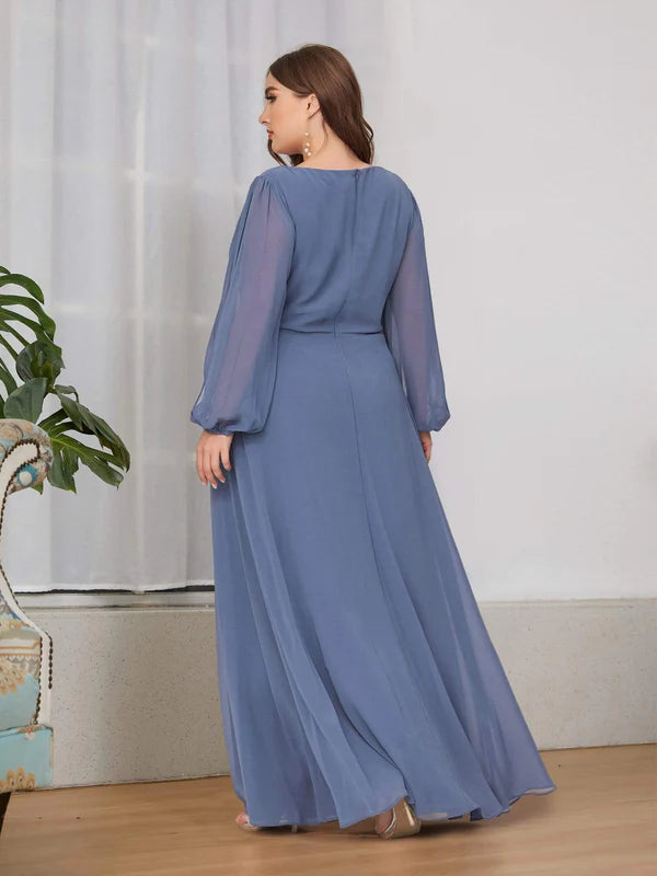 Stylish Plus Size Chiffon Formal Evening Dresses with Long Lantern Sleeves