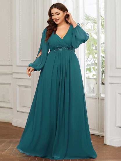 Stylish Plus Size Chiffon Formal Evening Dresses with Long Lantern Sleeves