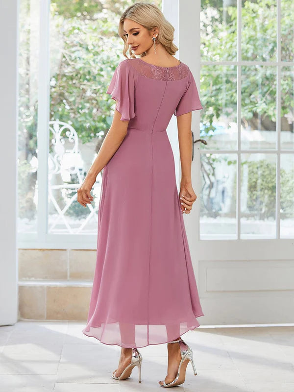 Chiffon Ruffle Sleeves Asymmetrical Hem Mother of the Bride Dress