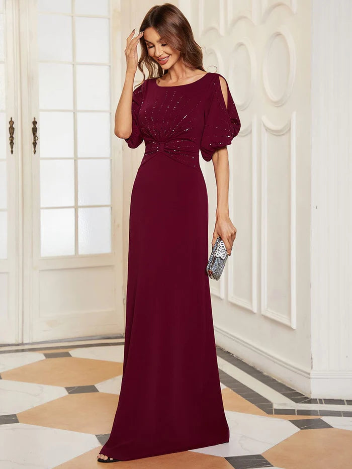 Trendy Round Neck Bodycon Wedding Guest Dress with Sleeves/Prom Dresses