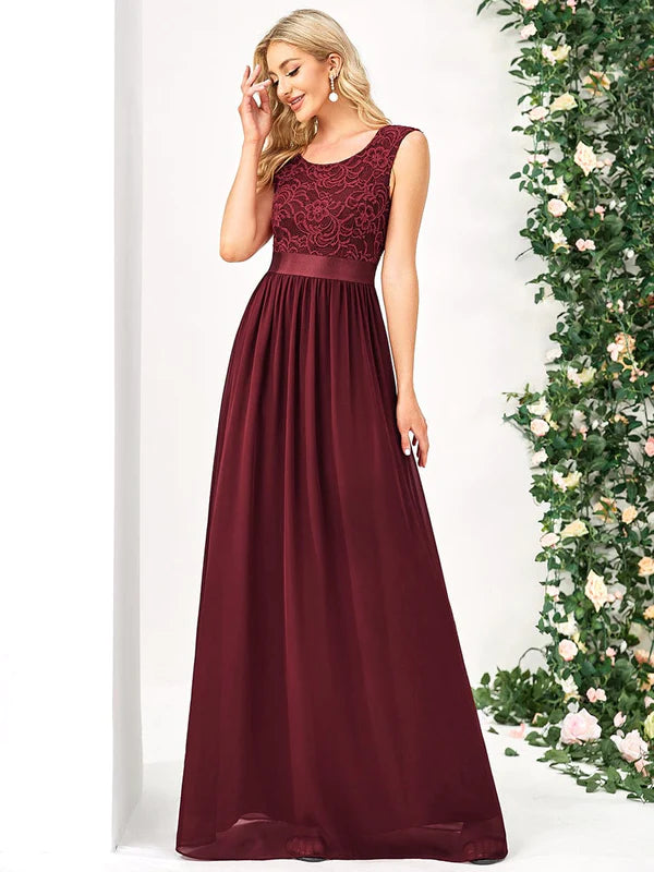 Classic Round Neck V Back Lace Bodice Bridesmaid Dress