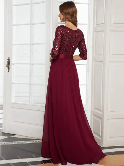 Elegant Round Neckline Long Sleeves Sequin Evening Dress