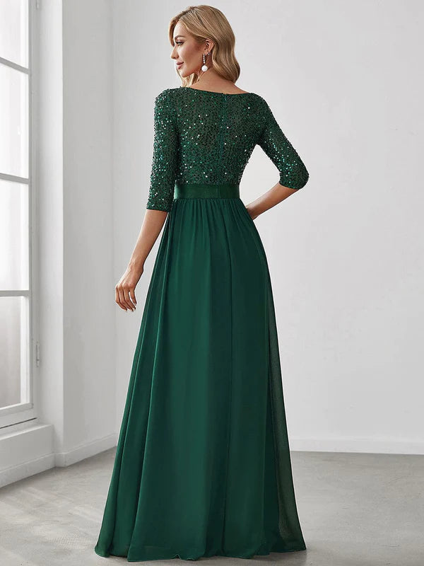 Elegant Round Neckline Long Sleeves Sequin Evening Dress