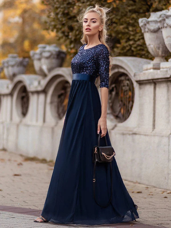 Elegant Round Neckline Long Sleeves Sequin Evening Dress