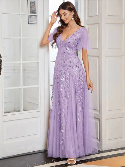 Shimmery V Neck Ruffle Sleeves Sequin Maxi Long Evening Dress