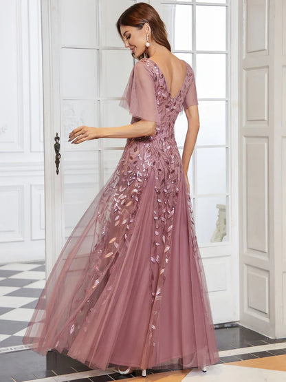 Shimmery V Neck Ruffle Sleeves Sequin Maxi Long Evening Dress