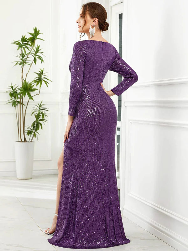 Shiny V Neck Sequin Long Sleeves Evening Dress