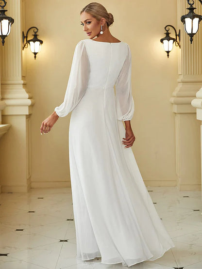 Elegant Chiffon V-Neckline Long Sleeve Formal Evening Dress