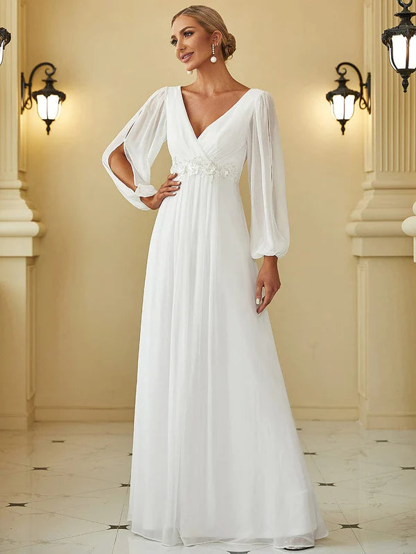 Elegant Chiffon V-Neckline Long Sleeve Formal Evening Dress