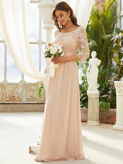 See-Through Floor Length Lace Evening Dress with Half Sleeve